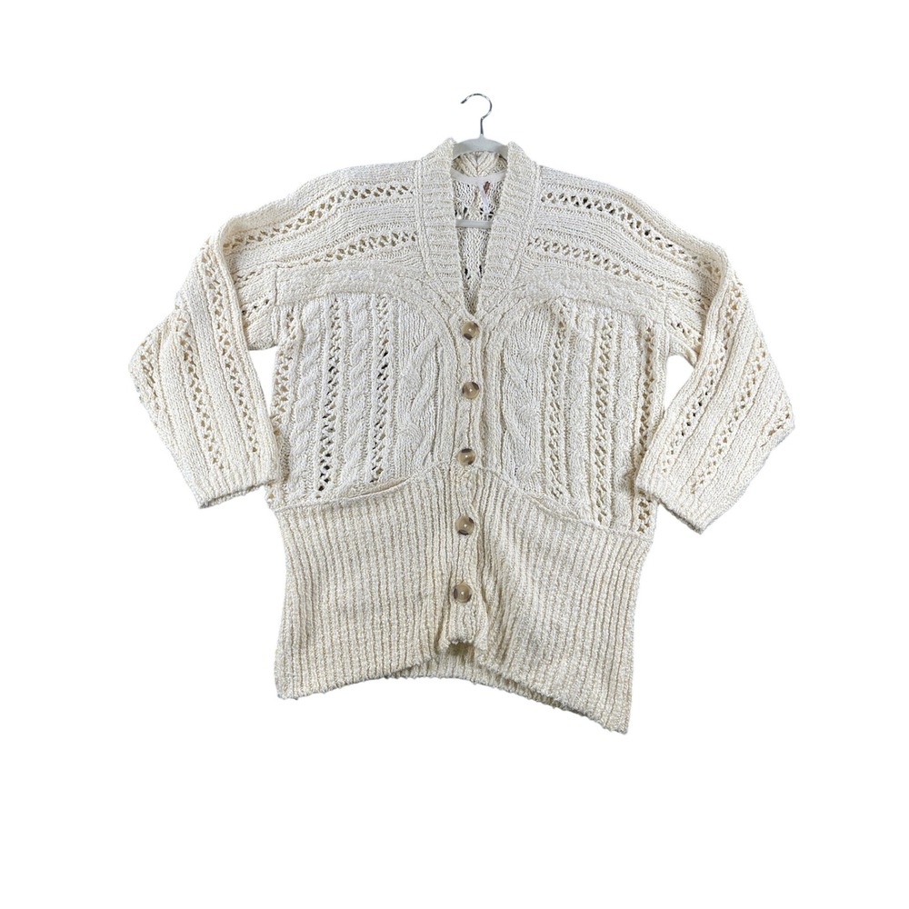 Free People Ivory Cable Knit Pointelle Button Front Cardigan Sweater Small 0876
